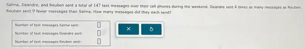 Salma, Deandre, and Reuben sent a total of 147 text messages over their cell phones during the weekend. Deandre sent 4 times as many messages as Reuben.
Reuben sent 9 fewer messages than Salma. How many messages did they each send?
Number of text messages Salma sent:
square 
Number of text messages Deandre sent:
square 
Number of text messages Reuben sent:
square