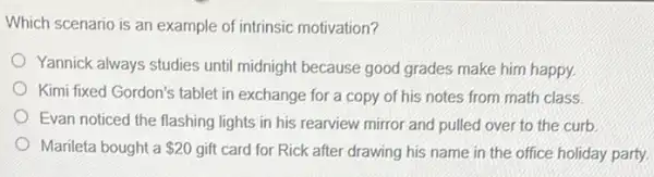 Which scenario is an example of intrinsic motivation?
Yannick always studies until midnight because good grades make him happy.
Kimi fixed Gordon's tablet in exchange for a copy of his notes from math class
Evan noticed the flashing lights in his rearview mirror and pulled over to the curb.
Marileta bought a 20 gift card for Rick after drawing his name in the office holiday party.