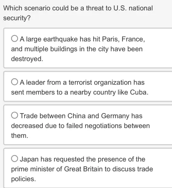 Which scenario could be a threat to U.S. national
security?
A large earthquake has hit Paris. France.
and multiple buildings in the city have been
destroyed.
A leader from a terrorist organization has
sent members to a nearby country like Cuba.
Trade between China and Germany has
decreased due to failed negotiations between
them.
Japan has requested the presence of the