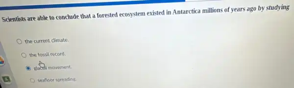 Scientists are able to conclude that a forested ecosystem existed in Antarctica millions of years ago by studying
the current climate.
the fossil record.
glacal movement.
seafloor spreading