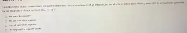 Scientists who study chromosomes are able to determine many characteristics of an organism, but not all of them. Which of the following would NOT be a characteristic determined
by an organism's chromosomes? (SC
7.L.16.1)
the sex of the organism
the eye color of the organism
the hair color of the organism
the language the organism speaks