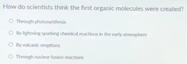 How do scientists think the first organic molecules were created?
Through photosynthesis
By lightning sparking chemical reactions in the early atmosphere
By volcanic eruptions
Through nuclear fusion reactions