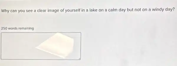 Why can you see a clear image of yourself in a lake on a calm day but not on a windy day?
250 words remaining
square