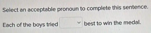 Select an acceptable pronoun to complete this sentence.
Each of the boys tried square  best to win the medal.