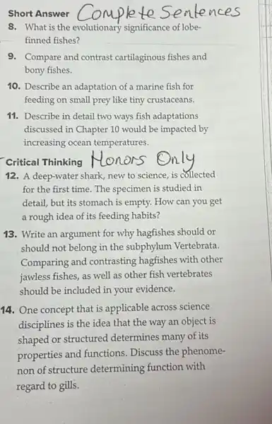 Short Answer
8. What is the evolutionary significance of lobe-
finned fishes?
9. Compare and contrast cartilaginous fishes and
bony fishes.
10. Describe an adaptation of a marine fish for
feeding on small prey like tiny crustaceans.
11. Describe in detail two ways fish adaptations
discussed in Chapter 10 would be impacted by
increasing ocean temperatures.
Critical Thinking
12. A deep-water shark new to science, is collected
for the first time.The specimen is studied in
detail, but its stomach is empty. How can you get
a rough idea of its feeding habits?
13. Write an argument for why hagfishes should or
should not belong in the subphylum Vertebrata.
Comparing and contrasting hagfishes with other
jawless fishes, as well as other fish vertebrates
should be included in your evidence.
14. One concept that is applicable across science
disciplines is the idea that the way an object is
shaped or structured determines many of its
properties and functions Discuss the phenome-
non of structure determining function with
regard to gills.