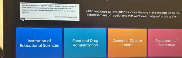 And shortly afterward.physician made the discovery that the carcasses of
steers which had been condemned as tubercular by the gove
inspectors.were left upon an open platform and carted aw
away to be sold in
government
the city.
Public response to revelotions such as the one in this excerpt led to the
establishment of regulations that were eventually enforced,by the -
-Upton Sinclair, The Jungle, 1906
Institution of
Educational Sciences
Food and Drug
Administration
Center for Disease
Control
Department of
Commerce