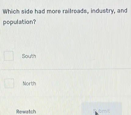 Which side had more railroads, industry, and
population?
South
North