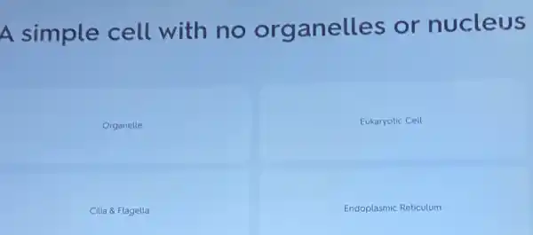 A simple cell with no organelles or nucleus
Organelle
Eukaryotic Cell
Cilia & Flagella
Endoplasmic Reticulum