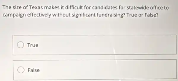 The size of Texas makes it difficult for candidates for statewide office to
campaign effectively without significant fundraising? True or False?
True
square