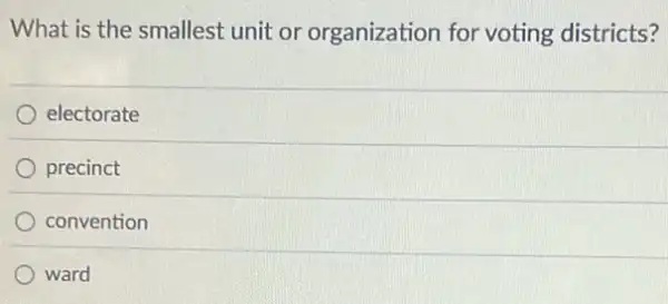 What is the smallest unit or organization for voting districts?
electorate
precinct
convention
ward