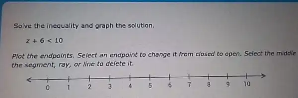 Solve the inequality and graph the solution.
z+6lt 10
Plot the endpoints. Select an endpoint to change it from closed to open. Select the middle
the segment, ray, or line to delete it.