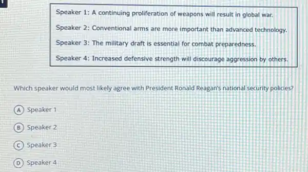 Speaker 1: A continuing proliferation of weapons will result in global war.
Speaker 2: Conventional arms are more important than advanced technology.
Speaker 3: The military draft is essential for combat preparedness.
Speaker 4: Increased defensive strength will discourage aggression by others.
Which speaker would most likely agree with President Ronald Reagan's national security policies?
A Speaker 1
B Speaker 2
C Speaker 3
D Speaker 4