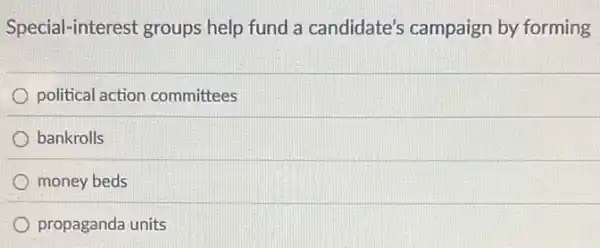 Special-interest groups help fund a candidate's campaign by forming
political action committees
bankrolls
money beds
propaganda units