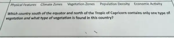 square 
Physical Features Climate Zones Vegetation Zones Population Density Economic Activity
Which country south of the equator and north of the Tropic of Capricorn contains only one type of
vegetation and what type of vegetation is found in this country?