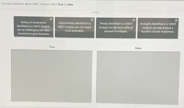 For each statement about SWOT Analysis, select True or False.
0000
Acting on weaknesses
identified in a SWOT Analysis
can be challenging ng but often
necessary to grow business.
Opportunities identified in a
SWOT Analysis are not meant
to be actionable.
Threats identified in a swor
Analysis are the most difficult
element to mitigate.
Strengths identified in a swor
Analysis are new actions a
business should implement.
True
False
square 
square