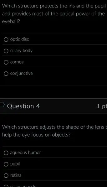 Which structure protects the iris and the pupil
and I provides most of the optical I power of the
eyeball?
optic disc
ciliary body
cornea
conjunctiva
) Question 4
Which structure adjusts the shape of the lens t
help the eye focus on objects?
aqueous humor
pupil
retina
ciliary muscle
1 pt