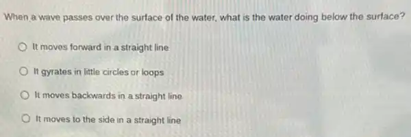 ......................................................................over the surface of the water, what is the water doing below the surface?
It moves forward in a straight line
It gyrates in little circles or loops
It moves backwards in a straight line
It moves to the side in a straight line