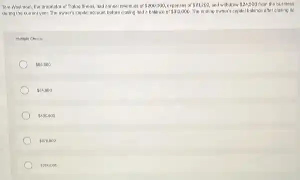 Tara Westmont, the proprietor of Tiptoe Shoes, had annual revenues of 200,000 expenses of 111,200, and withdrew 24,000 from the business
during the current year.The owner's capital account before closing had a balance of 312,000 The ending owner's capital balance after closing is:
Multiple Choice
 88,800
 64,800
 400,800
 376,800
 200,000