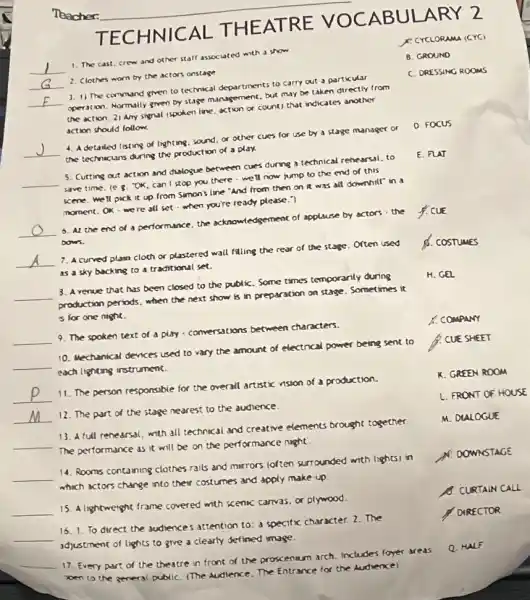 TECHN ALT E
__ 1. The cast, crew and other staff associated with a show	C CYCLORAM (CYC)
__ 2. Clothes worn by the actors onstage	B. GROUND
__
operation. Normally given by stage management, but may be taken directly from
1. 1) The command given to technical departments to carry out a particular	C. DRESSING ROOMS
the action. 21 Any signal (spoken line, action or count) that indicates another
action should lollow.
__ 4. A detailed listing of lighting,sound,or other cues for use by a stage manager or D. Focus
the technicians during the production of a play.
__
are time. (e.g."OK, can I stop you there.well now jump to the end of this
5. Cutting out action and dislogue between cues during a technical rehearsal to E. FUI
scene. well pick it up from Simon's line "And from then on a was all downhill in a
moment.OK.we re all set . when you're ready please. ?
__
6. At the end of a performance,the acknowledgement of appliuse by actors.the
%. CUE
bows.
__
7. A curved plain cloth or plastered wall filling the rear of the stage. Often used
B. COSTUMES
as a sky backing to a traditional set.
__ 8. A venue that has been closed to the publiC. Some times temporarily during
H. GEL
production periods, when the next show is in preparation on stage Sometimes it
is for one night.
__ 9. The spoken text of a play.conversations between characters.
A. compury
__
each lighting instrument.
10. Mechanical devices used to vary the amount of electrical power being sent to
CUE SHEET
__
11. The person responsible for the overall artistic nsion of a production.
K. GREEN ROOM
__
12. The part of the store nearest to the audience.
__
The performance as it will be on the performance night
full renearsal, with all technical and creative elements brought together.	M. DULOGUE
__ 14. Rooms containing clothes rails and mirrors loften surrounded with lights) in
N. DOWNSTAGE
which actors change into their costumes and apply make-up.
__
15. A lightweight frame covered with scenic canvas or plywood
A. CURTAIN CALL
__
adjustment of lights to give a clearly defined image.
16. 1. To direct the Judiences attention to:specific character. 2. The
COIRECTOR
__
17. Every part of the theatre in front of the proscenium arch Includes foyer areas
Q. HALF
open to the general publiC. (The Audience. The Entrance for the Audience)
L. FRONT OF HOUSE