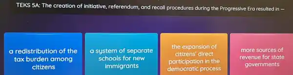 TEKS 5A: The creation of initiative, referendum,and recall procedures during the Progressive Era resulted in -
a redistribution of the
tax burden among
citizens
a system of separate
schools for new
immigrants
the expansion of
citizens' direct
participation in the
democratic process
more sources of
revenue for state
governments