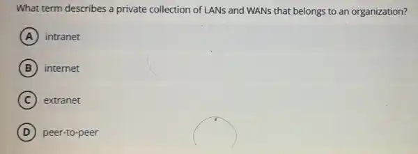 What term describes a private collection of LANs and WANs that belongs to an organization?
A intranet
B internet
C extranet
D peer-to-peer