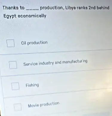 Thanks to __ production, Libya ranks 2nd behind
Egypt economically
Oil production
Service industry and manufacturing
Fishing
Movie production