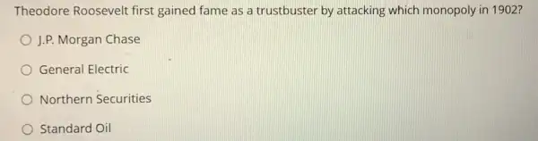 Theodore Roosevelt first gained fame as a trustbuster by attacking which monopoly in 1902?
J.P. Morgan Chase
General Electric
Northern Securities
Standard Oil