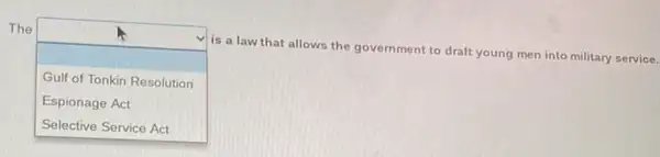 The
square 
is a law that allows the government to draft young men into military service.
Gulf of Tonkin Resolution
Espionage Act