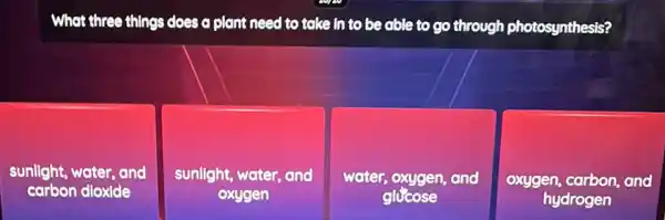 What three things does a plant need to take in to be able to go through photosynthesis?
sunllght, water, and
carbon dloxide
sunllght, water, and
oxygen
water, oxygen, and
glucose
oxygen, ca on,and
hydrogen