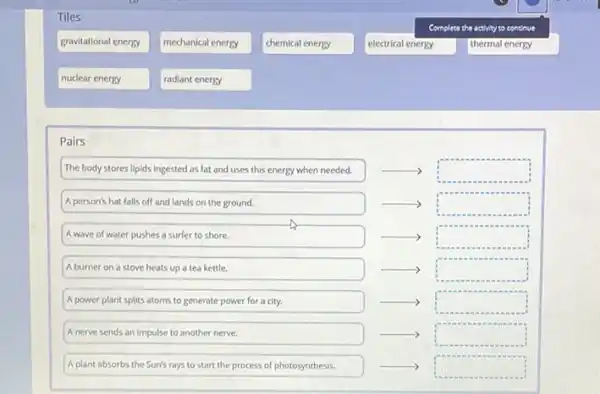 Tiles
Complete the activity to continue
gravitational energy
mechanical energy
chemical energy
electrical energy
thermal energy
nuclear energy
radiant energy
Pairs
The body stores lipids ingested as fat and uses this energy when needed.	> square 
.
A person's hat falls off and lands on the ground.	square 
A wave of water pushes a surfer to shore.	square 
A burner on a stove heats up a tea kettle.	square 
A power plant splits atoms to generate power for a city.
square 
A nerve sends an Impulse to another nerve.
square 
A plant absorbs the Sun's rays to start the process of photosynthesis.	square