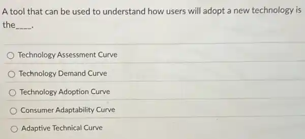 A tool that can be used to understand how users will adopt a new technology is
the __
Technology Assessment Curve
Technology Demand Curve
Technology Adoption Curve
Consumer Adaptability Curve
Adaptive Technical Curve