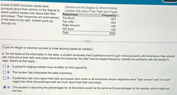 A total of 2002 American adults were surveyed about their opinion on the degree to which political leaders talk about their faith and prayer. Their responses are summarized in the table to the right. Answer parts (a) through (e).

 }(l)
Opinions on the Degree to Which Political 
Leaders Talk about Their Faith and Prayer 
Responses
 & Frequency 
 Too Much & 621 
 Too Little & 823 
 Right Amount & 458 
 Not Sure & 100 
 Total & 2002 


(Type an integer or decimal rounded to three decimal places as needed.)
e. On the basis of the information in the table, a student concludes that if politicians want to gain more popularity with Americans, they sho talk more about their faith and prayer because the response "too little" has the largest frequency. Identify two problems with the student's logic. Select all that apply.
A. A person's religious beliefs have no effect on their popularity.
B. The student has interpreted the table incorrectly.
C. If politicians talk more about their faith and prayer, then some or all Americans whose responses were "right amount" and "not sure" might then think that politicians talk too much about their faith and prayer.
D. The student is assuming the percentages for all Americans would be the same as the percentages for the sample, which might not be true.