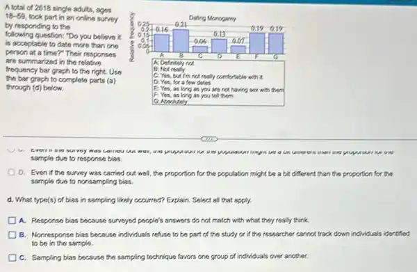 A total of 2618 single adults, ages
18-59 took part in an online survey
by responding to the
following question: "Do you believe it
is acceptable to date more than one
person at a time?Their responses
are summarized in the relative
frequency bar graph to the right. Use
the bar graph to complete parts (a)
through (d) below.
Dating Monogarny
0.16
0.21
0.19-0.19
o	0.13
-6.06	am
A 6 c o E
A: Definitely not
B: Not really
C. Yes, but I'm not really comfortable with it
D: Yes, for a few dates
E: Yes, as long as you are not having sex with them
F: Yes, as long as you tell them
C: Absolutely
sample due to response bias.
D. Even if the survey was carried out well, the proportion for the population might be a bit different than the proportion for the
sample due to nonsampling bias.
d. What type(s) of bias in sampling likely occurred? Explain. Select all that apply.
A. Response bias because surveyed people's answers do not match with what they really think.
B. Nonresponse bias because individuals refuse to be part of the study or if the researcher cannot track down individuals identified
to be in the sample.
C. Sampling bias because the sampling technique favors one group of individuals over another.