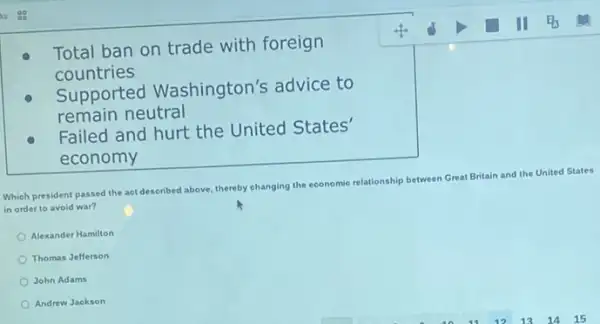 Total ban on trade with foreign
countries
Supported Washington's advice to
remain neutral
Failed and hurt the United States'
economy
Which president passed the actdescribed above, thereby changing the economic relationship between
Great Britain and the United States
in order to avoid war?
Alexander Hamilton
Thomas Jefferson
John Adams
Andrew Jackson