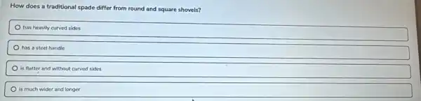 How does a traditional spade differ from round and square shovels?
has heavily curved sides
has a steel handle
is flatter and without curved sides
is much wider and longer