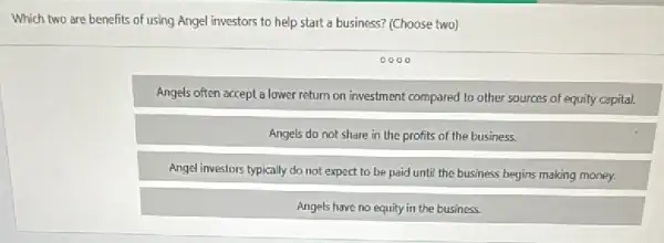 Which two are benefits of using Angel investors to help start a business? (Choose two)
0000
Angels often accept a lower return on investment compared to other sources of equity capital.
Angels do not share in the profits of the business.
Angel investors typically do not expect to be paid until the business begins making money.
Angels have no equity in the business.