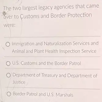 The two largest legacy agencies that came
over to Customs and Border Protection
were:
Immigration and Naturalization Services and
Animal and Plant Health Inspection Service
U.S. Customs and the Border Patrol
Department of Treasury and Department of
Justice
Border Patrol and U.S Marshals