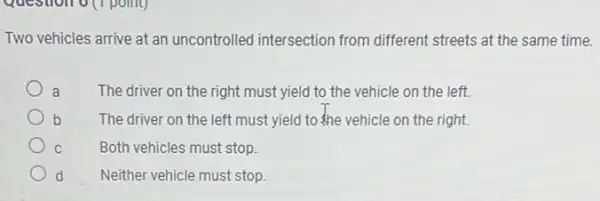 Two vehicles arrive at an uncontrolled intersection from different streets at the same time.
a The driver on the right must yield to the vehicle on the left.
b The driver on the left must yield to the vehicle on the right.
C	Both vehicles must stop.
d Neither vehicle must stop