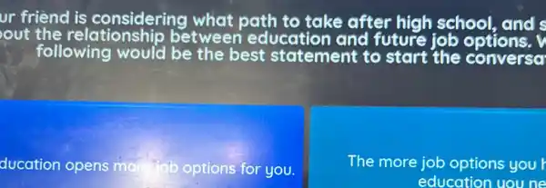 ur friend is considering what path to take after high school, and s
out the relationship between education and future job options. I
following would be the best statement to start the conversa
ducation opens mo	options for you. more job
The more job options you
education uou ne