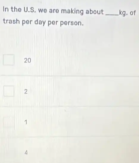 In the U.S. we are making about __ kg. of
trash per day per person.
20
2
1
4