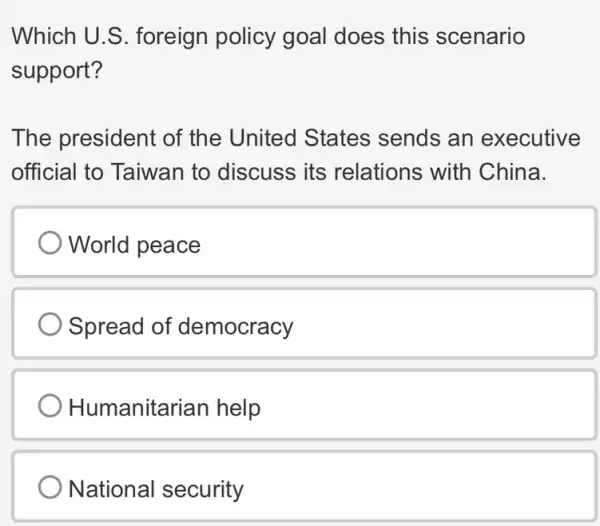 Which U.S.foreign policy goal does this scenario
support?
The president of the United States sends an executive
official to Taiwan to discuss its relations with China.
World peace
Spread of democracy
Humanitarian help
National security