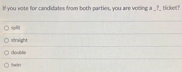 If you vote for candidates from both parties, you are voting a ? ticket?
split
straight
double
twin