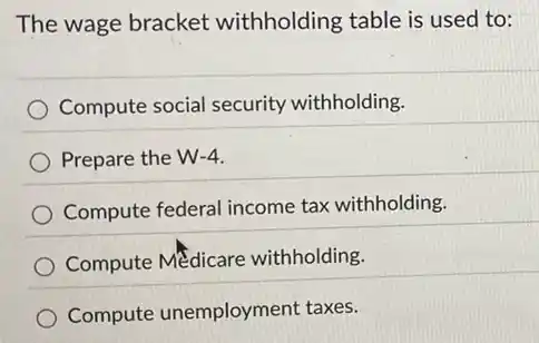 The wage bracket withholding table is used to:
Compute social security withholding.
Prepare the W-4.
Compute federal income tax withholding.
Compute MEdicare withholding.
Compute unemployment taxes.