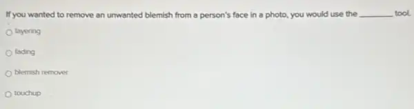 If you wanted to remove an unwanted blemish from a person's face in a photo, you would use the __ tool.
layering
fading
blemish remover
touchup