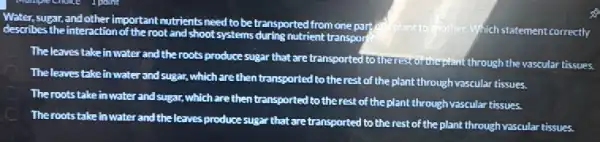 Water, sugar, and other important nutrients need to be transported from one part
father. Which statement correctly describes the interaction of the root and shoot systems during nutrient transpor
The leaves takein water and the roots produce sugar that are transported to theresorthepiant through the vascular tissues.
The leaves take in water and sugar, which are then transported to therest of the plant through vascular tissues.
C
The roots take in water and sugar, which are then transported to the rest of the plant throughvascular tissues.
The roots take inwater and the leaves produce sugar that are transported to the rest of the plant through vascular tissues.