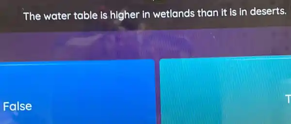 The water table is higher in wetlands than it is in deserts.
False
T