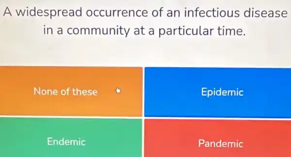 A widespread occurrence of an infectious disease
in a community at a particular time.
None of these
Epidemic
Endemic
Pandemic