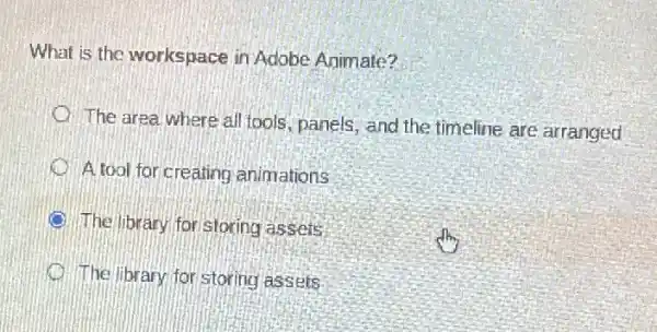 What is the workspace in Adobe Animate?
The area,where all tools, panels, and the timeline are arranged
A tool for creating animations
The library for storing assets
The library for storing assets