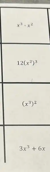 x^3cdot x^2
12(x^2)^3
(x^3)^2
3x^3+6x