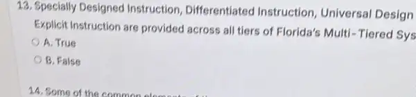 13. Specially Designed Instruction Differentiatec Instruction, Universal Design
Explicit Instruction are provided across all tiers of Florida's Multi - Tiered Sys
A. True
B. False